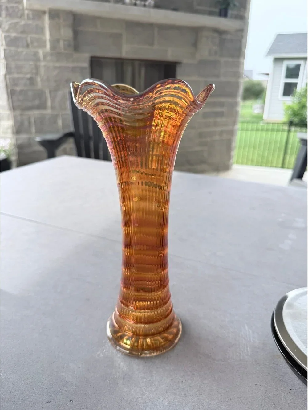 Vintage Marigold Carnival Glass Ribbed Ruffled Vase Iridescent Art Glass